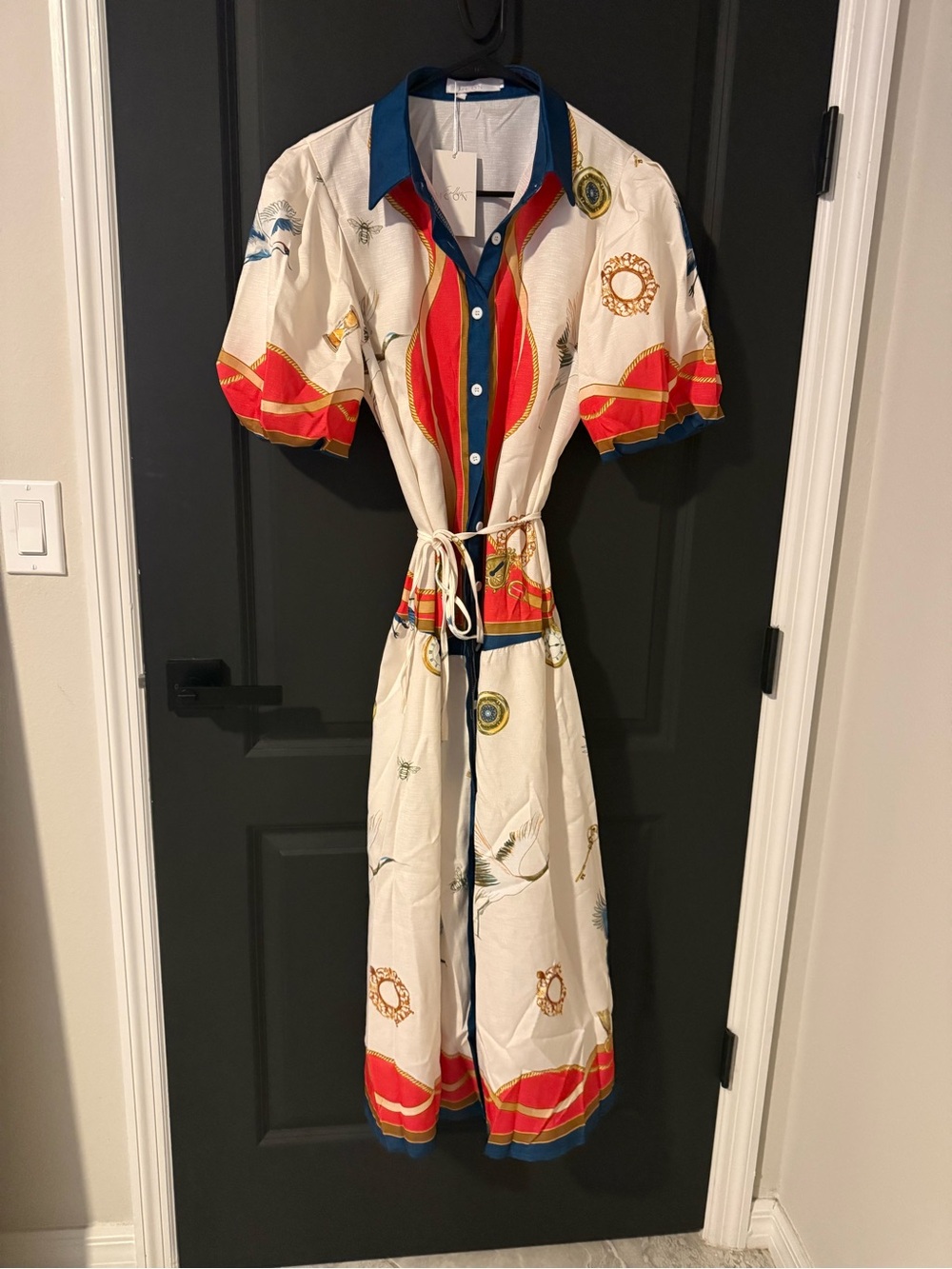 Women's Cream Button-Front Belted Shirt Dress with Red & Navy Trim